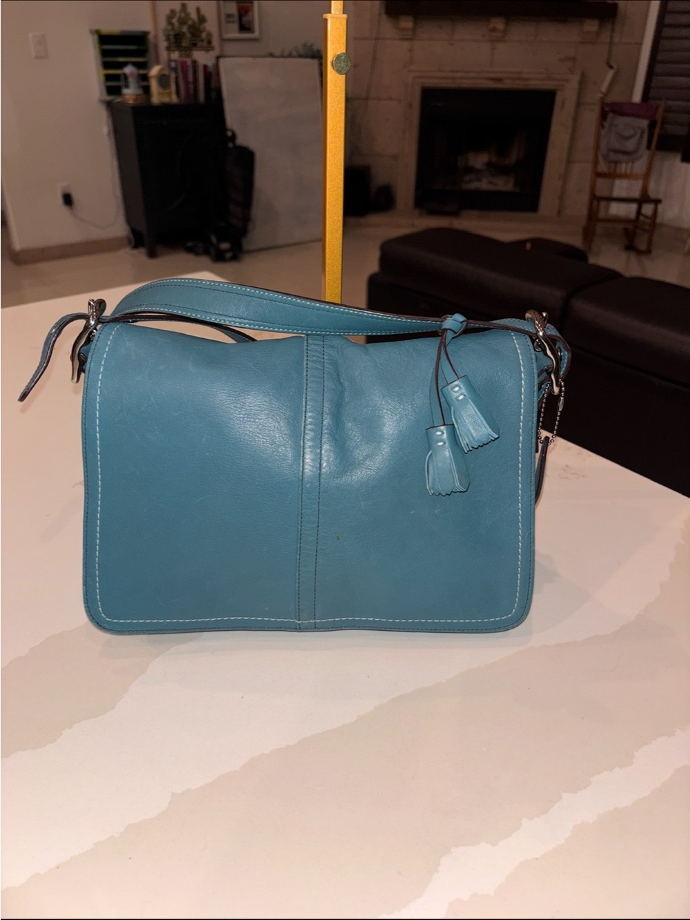 Coach Teal Leather Shoulder Bag with Tassel Charm